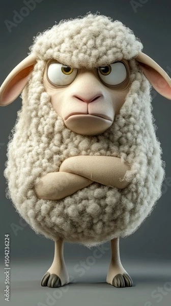 Fototapeta Grumpy Sheep 3D Render: An Angry Cartoon Sheep with Folded Arms