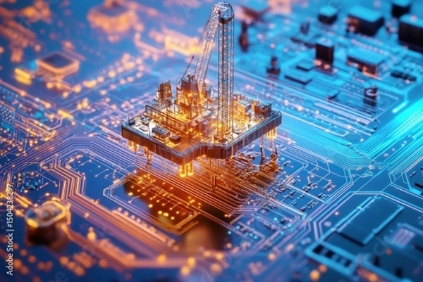 Fototapeta Oil Rig on a Circuit Board: The Future of Energy