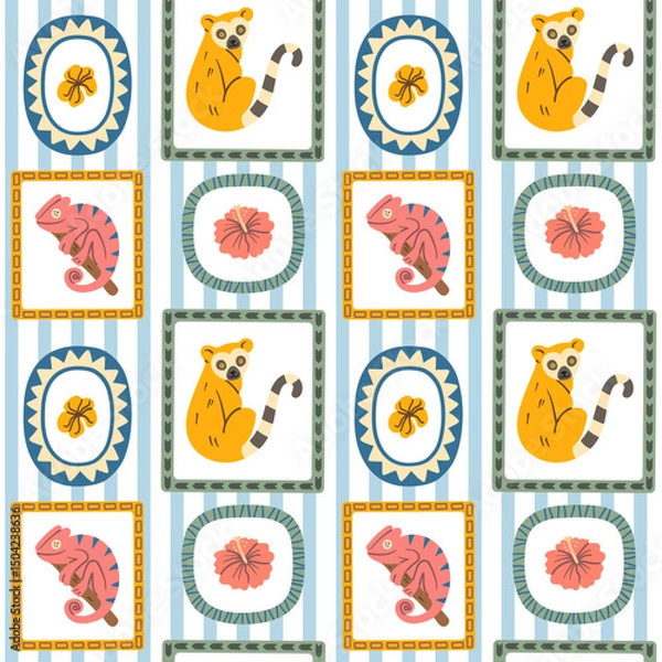 Fototapeta Seamless pattern with cute lemurs, chameleons, and tropical flowers framed in decorative shapes, ideal for jungle-themed designs.