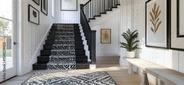 Fototapeta Modern Staircase Design with Black and White Geometric Rug