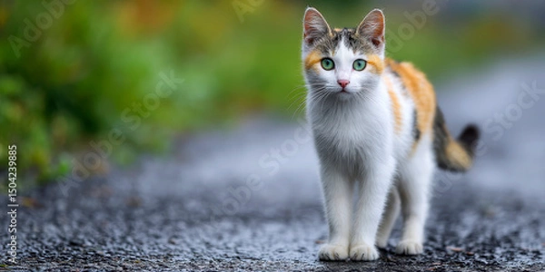 Fototapeta Single furry cat on a moist asphalt road looking at the camera. Mostly white
