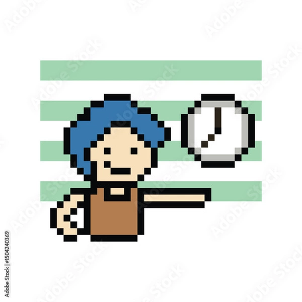 Fototapeta Cartoon cute pixel cartoon 8bit character business man time management work deadline decoration 8 bit male schedule smart character 8bit png vector.