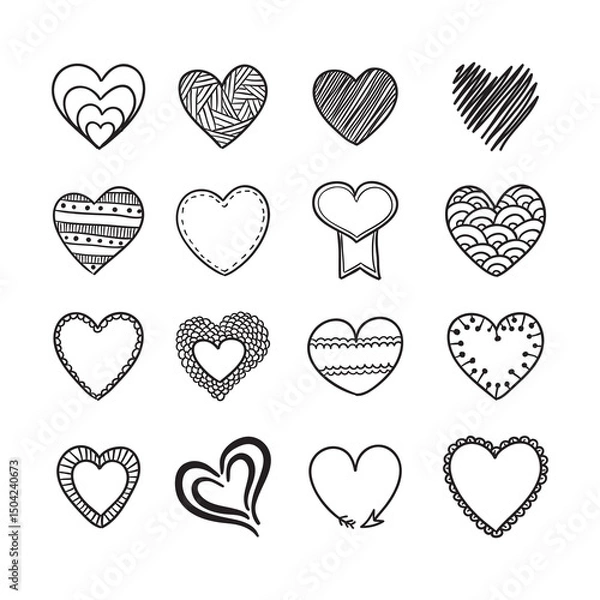 Fototapeta Set of Hand-Drawn Doodle Hearts with Unique Patterns and Designs