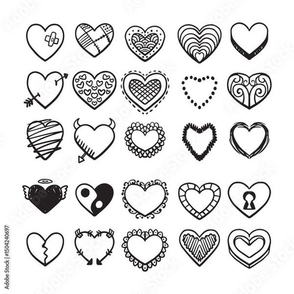 Fototapeta Set of Hand-Drawn Doodle Hearts with Unique Patterns and Designs