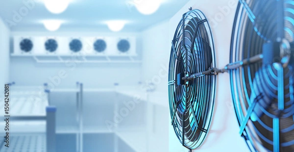 Obraz Industrial inside refrigerator. Warehouse refrigeration equipment. Freezer chamber. Conditioning unit in cold storage warehouse. Industrial refrigeration technology. Refrigerated warehouse. 3d image