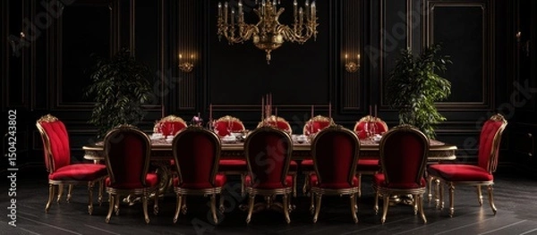Fototapeta Opulent Dining Room: A Regal Ensemble of Red and Gold