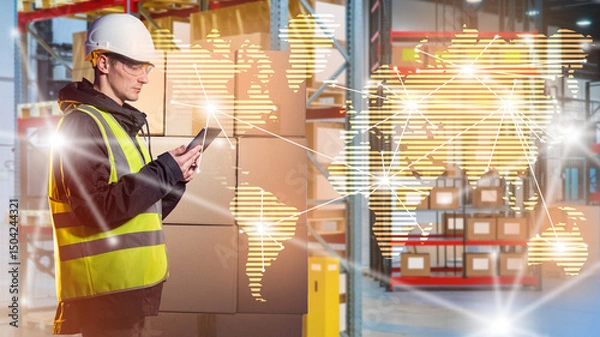 Obraz Man in warehouse delivery service. Employee international logistics company. Worker warehouse courier company. Guy monitors global supply chains. Man in yellow vest in warehouse industrial building