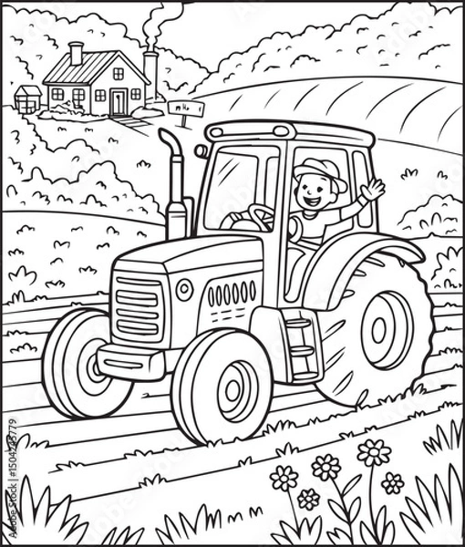 Fototapeta Cute boy with tractor in field coloring page activity book for kids, line art vector for design elements 
