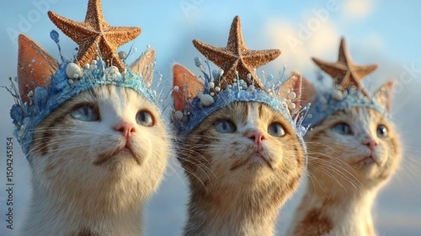 Fototapeta Tiny Mermaid Cats with Star Crowns