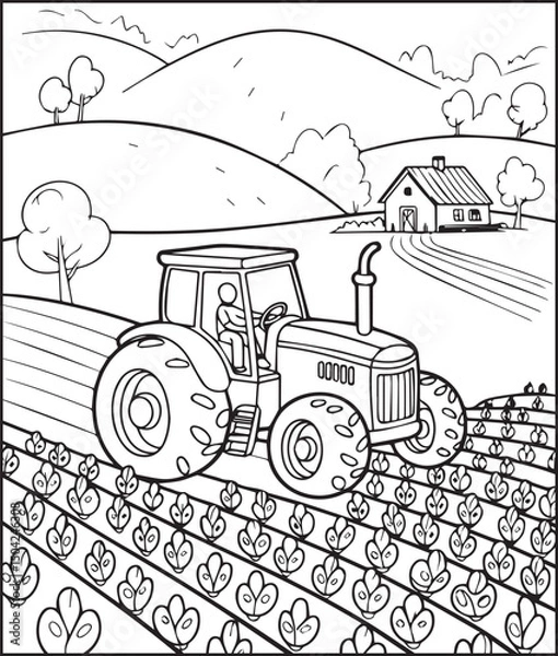 Fototapeta Tractor coloring page activity book for kids, line art vector for design elements 
