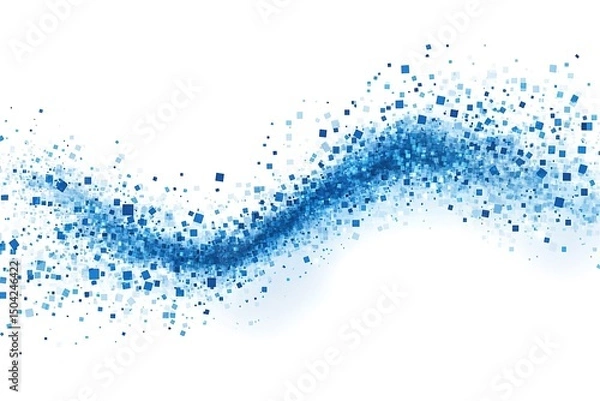 Fototapeta Blue cubes stream across a white expanse, creating a vibrant, flowing, digital wave