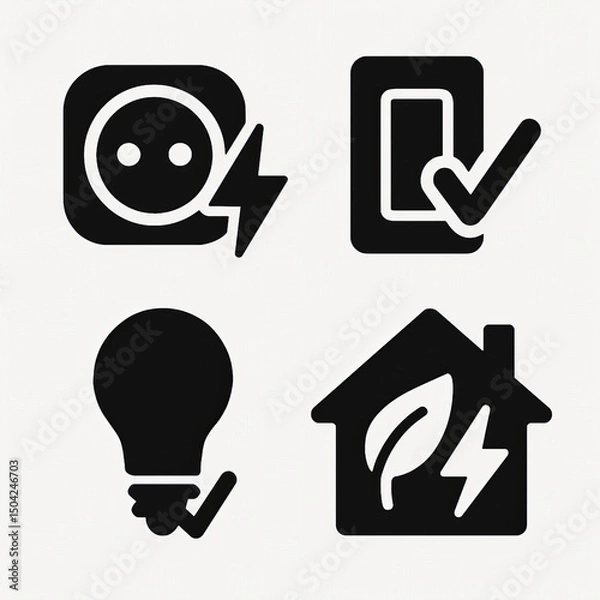 Fototapeta Black Minimalist Energy and Electricity Icons Set Including Electric Vehicle Plug, Switch with Checkmark, Light Bulb, and Eco Home Symbols