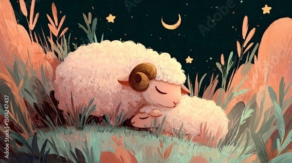 Fototapeta Peaceful Sheep Sleeping on Pastel Grass Under Starry Sky
