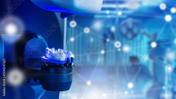 Obraz Dental 3d scanner in clinic. Dental scan with prosthesis teeth. Create three-dimensional model prosthesis. Dentist scanner in laboratory orthodontist. Scanner for dentist technician. Dental equipment
