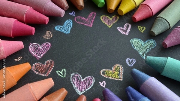 Fototapeta Colorful Crayons Drawing Hearts on Blackboard