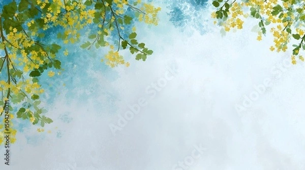 Fototapeta A digital illustration of a watercolor style consisting of branches blooming against the blue sky gently surrounding the top and side of the screen.
