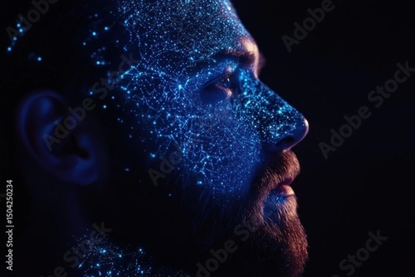 Fototapeta Digital Man: A futuristic portrait of a man with glowing network connections covering his face, symbolizing the interconnected nature of technology in modern life.