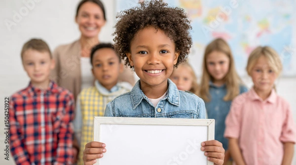 Fototapeta smiling student holding blank white sign diverse group elementary school children classroom professional educator empty poster students gathered educational setting happy pupils positive learni