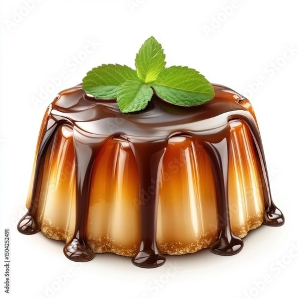 Obraz Delicious caramel pudding dessert with glossy chocolate glaze topped with fresh green mint leaves on a white background