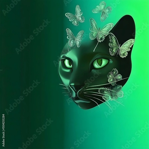 Fototapeta Black cat-shaped mask on a green background with blank space for a text message.