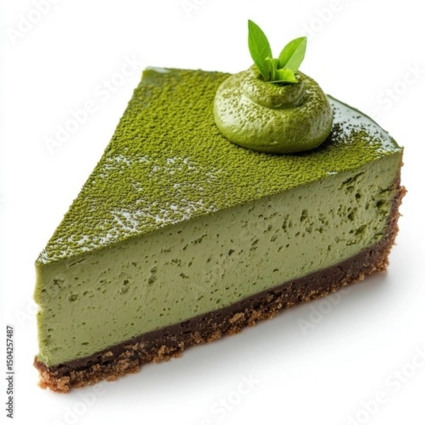 Obraz Delicious matcha green tea cheesecake slice with a smooth creamy filling a crunchy base and garnished with fresh mint leaves for a refreshing dessert option