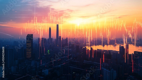 Fototapeta 朝焼けと株価チャートの都市展望