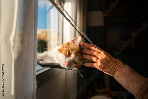 Fototapeta Brown and white cat lying on a hammock by the window enjoys the caresses of a senior human hand