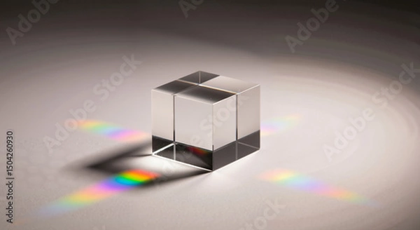 Obraz Glass prism cube with rainbow light dispersion for science blog visuals, educational illustrations, physics infographics, and tech-themed minimalist designs

