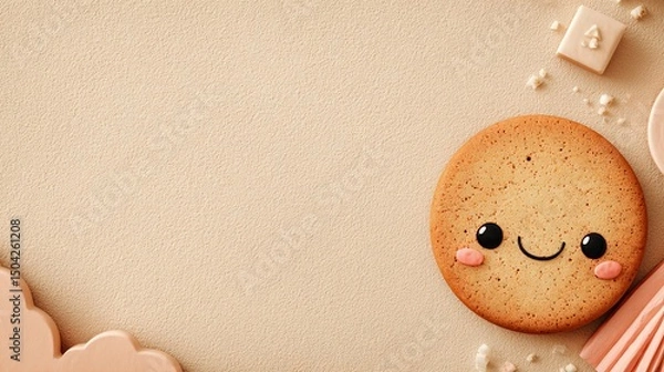 Fototapeta Cute Kawaii Cookie with Face on Soft Beige Background