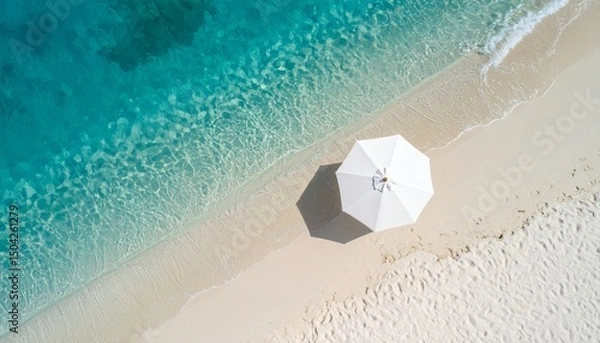 Fototapeta Breathtaking aerial view of a pristine tropical beach with crystal-clear turquoise water and a white umbrella providing shade. Perfect for travel and vacation themes!