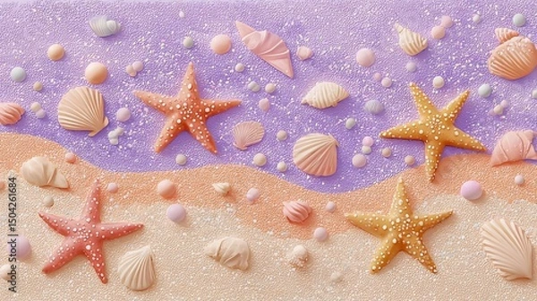 Fototapeta Seashell and Starfish Cake on Sandy Pastel Background