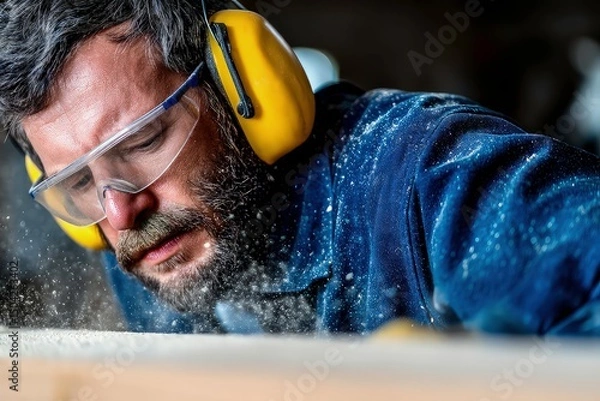 Obraz Woodworker actively sanding wooden surface with power tool, wearing safety gear and producing flying wood particles