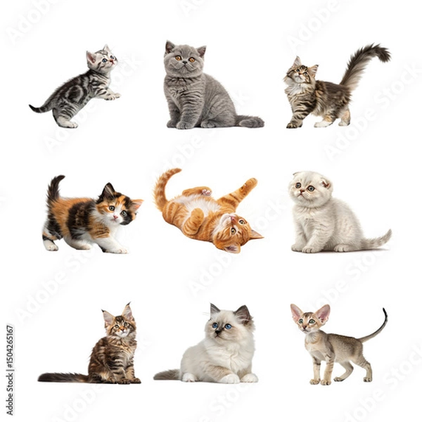 Fototapeta Collection of different breeds of kittens isolated on transparent background, showcasing various colors, patterns, and characteristics