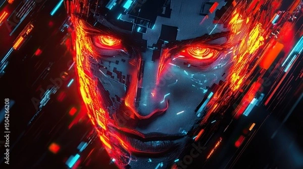 Fototapeta Digital artwork of a futuristic face with abstract lines, AI, and cyber technology concept 