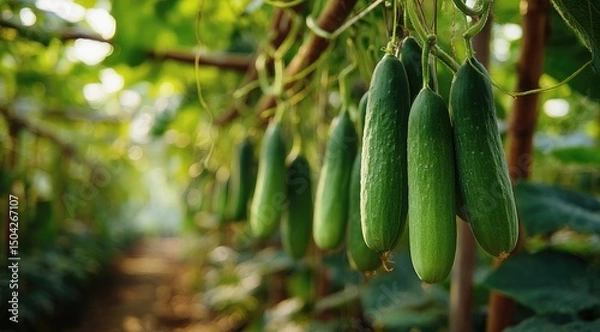 Obraz Sunlit greenhouse showcasing numerous ripe green cucumbers hanging from vines, amidst lush foliage and a visible pathway