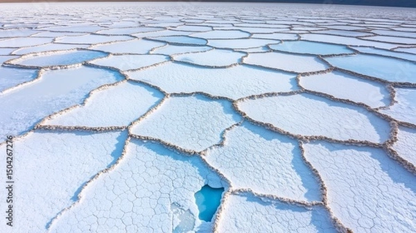 Obraz Cracked Salt Flats with Blue Water Pool in Arid Landscape