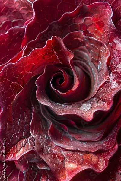 Fototapeta A striking deep red rose captures attention with its detailed textures and swirling petals. The vibrant color and intricate patterns create a stunning visual that highlights nature's beauty