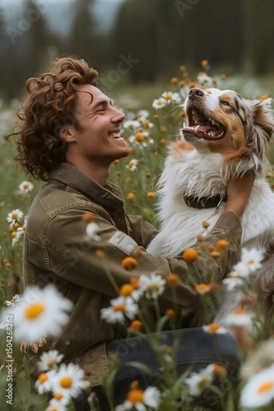 Fototapeta A man with curly hair enjoys a playful interaction with his smiling dog in a lush meadow overflowing with wildflowers