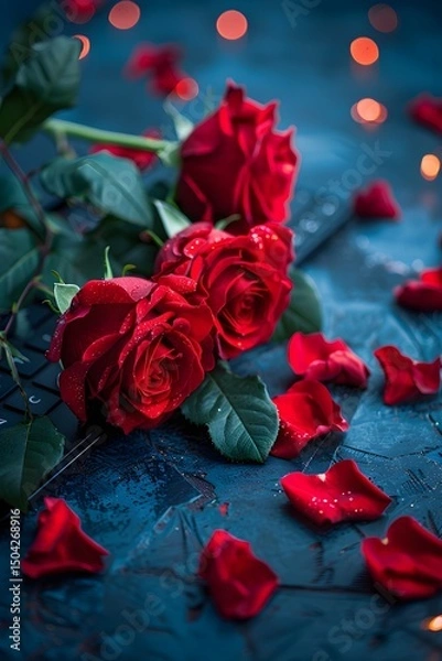 Fototapeta Vibrant red roses lie on a textured blue surface surrounded by scattered petals. Soft lights create a warm, romantic ambiance, enhancing the beauty of the arrangement