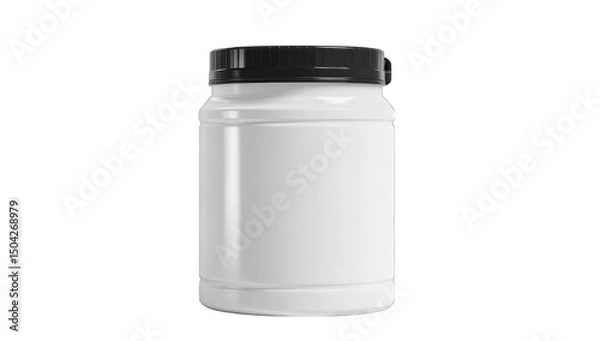 Fototapeta A white plastic jar with a black screw-top lid, ideal for supplements or powders, shown against a black background