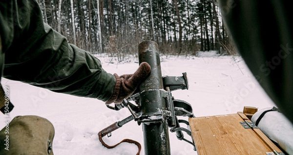 Fototapeta Close-up View On Re-enactors Dressed As American Infantry Soldie