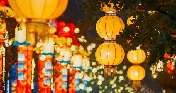 Fototapeta Beijing, China. Orange Yellow Paper Lanterns On Zigong Lantern F