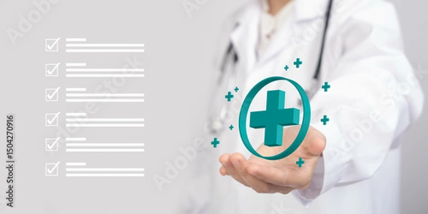 Fototapeta A healthcare professional displays a digital health symbol, emphasizing the importance of wellness and medical checks.