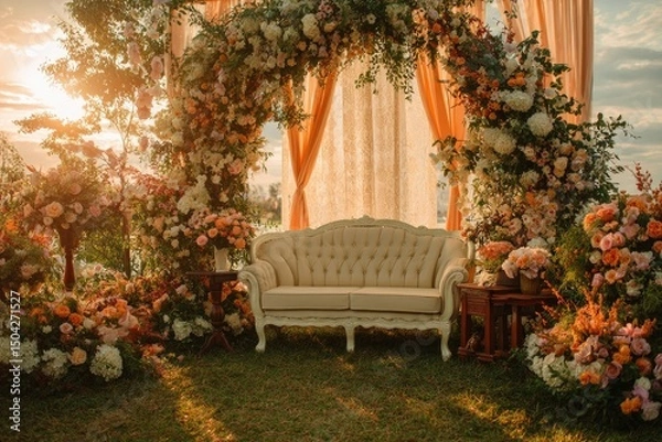Obraz A romantic outdoor wedding setup with a cream sofa centered beneath a floral archway draped with sheer fabric, bathed in sunset light.  Abundant peach, orange, and cream flowers surround it