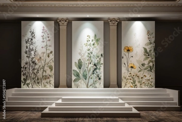 Obraz Three botanical watercolor prints displayed on a raised platform between classical columns in a sophisticated room.  Subtle lighting highlights the floral details