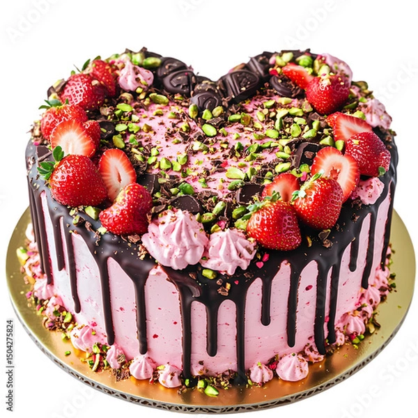 Fototapeta HeartShaped Strawberry Cake with Chocolate Drizzle isolated on transparent background