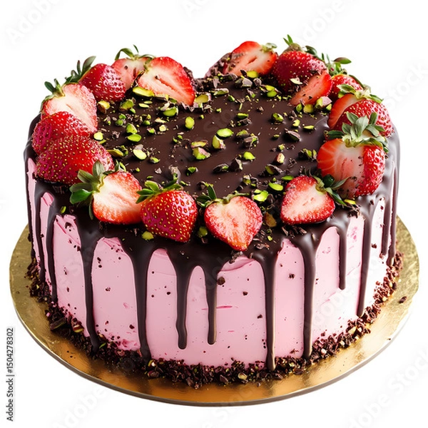 Fototapeta HeartShaped Strawberry Chocolate Cake with Pistachios isolated on transparent background