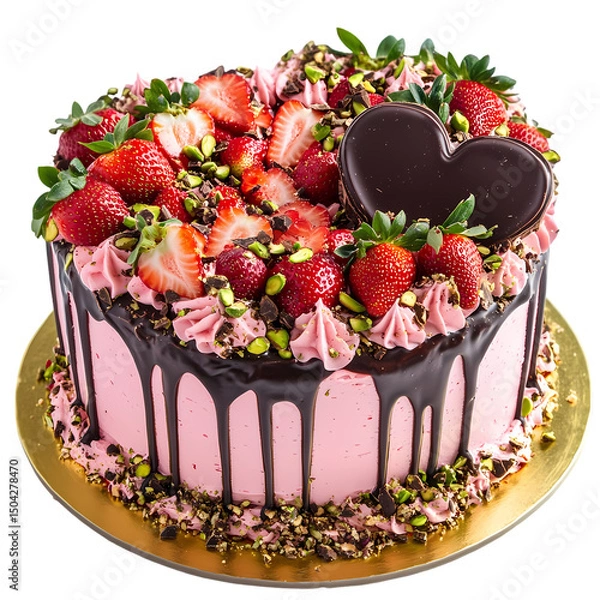 Fototapeta Strawberry Chocolate Drip Cake with Heart isolated on transparent background
