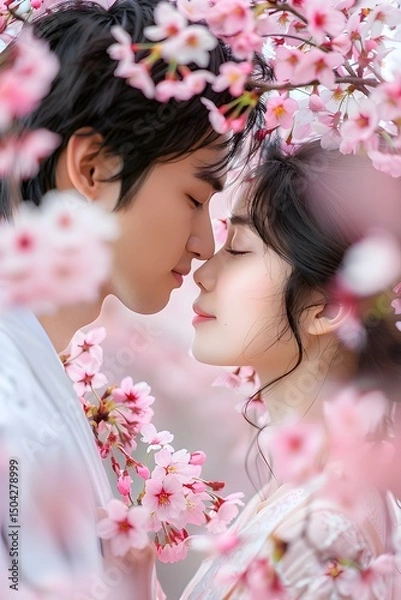 Fototapeta A couple stands close together, faces nearly touching, surrounded by blooming cherry blossom trees. Their serene expressions capture a moment of intimacy in a beautiful spring setting