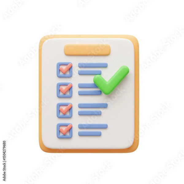Obraz Successful completion concept: 3D rendered illustration of a completed checklist with green checkmark